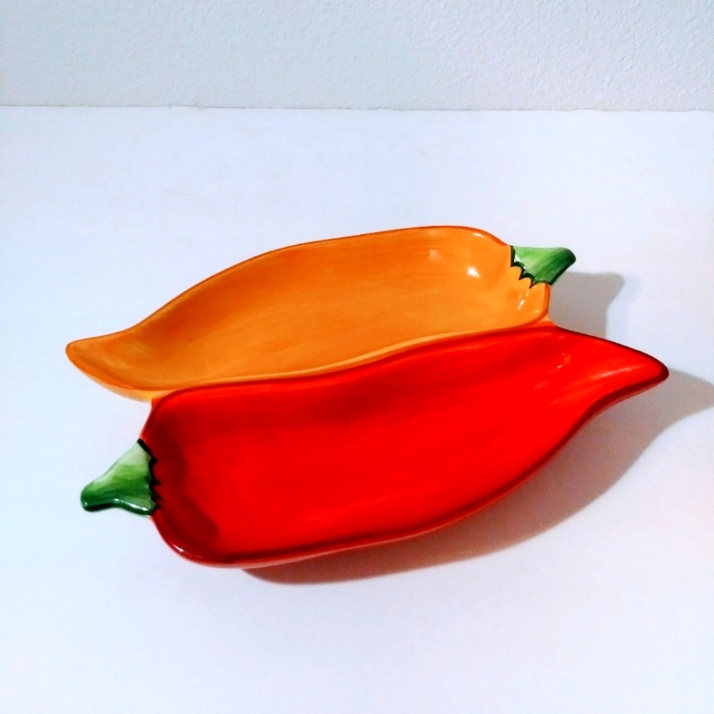 Vintage 90's Clay Art Divided Chili Pepper Dip Snack Serving Dish 8.75" X 6"